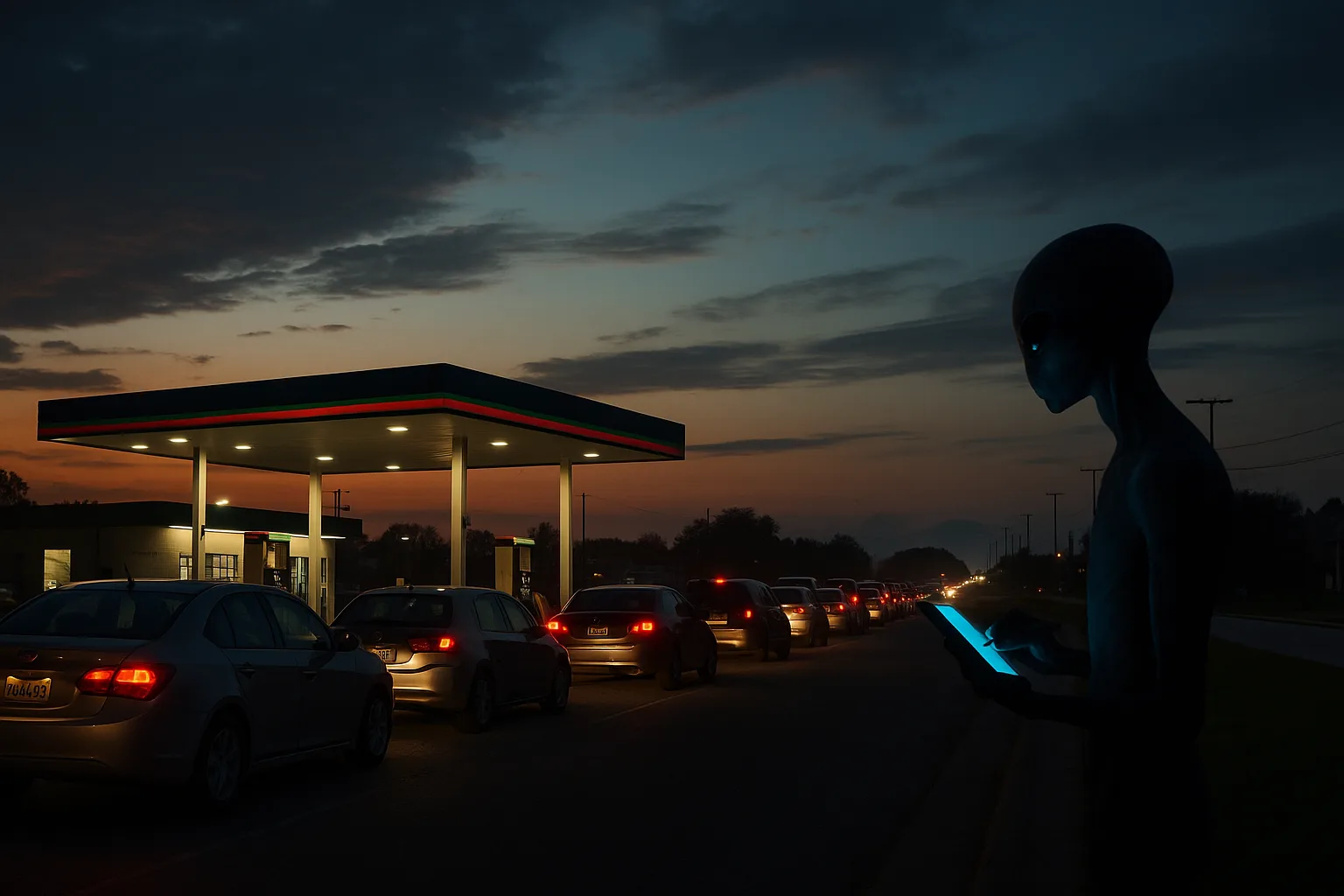 Earthlings Queue for Fuel, While Galaxies Spin Effortlessly
